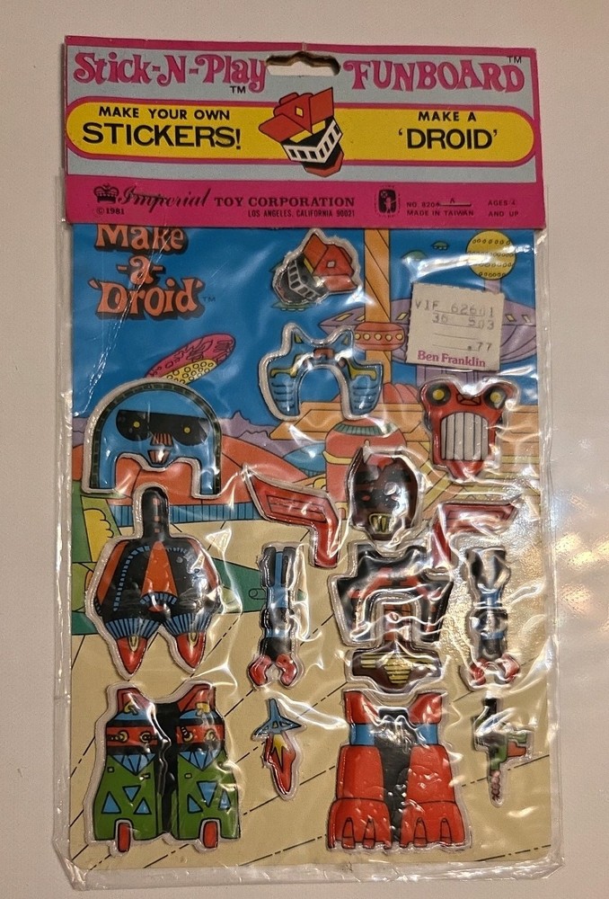 Vtg 1981 Imperial STICK N PLAY Puffy Sticker Robot Droid Funboard, Sealed RARE