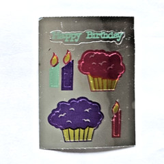Vtg City Sticker Foil Mylar Happy Birthday Cupcakes Stickers on a Roll 80s Mod