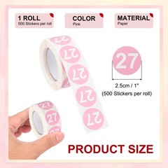 Number 27 Stickers 1″ Round Coded Self-Adhesive Labels Pink 500Pcs/Roll