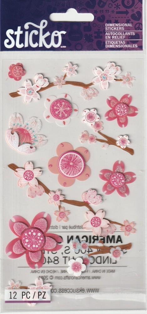 NEW! Sticko CHERRY BLOSSOMS theme 3-D Vellum stickers 78335 Fast FREE ship!WOW!