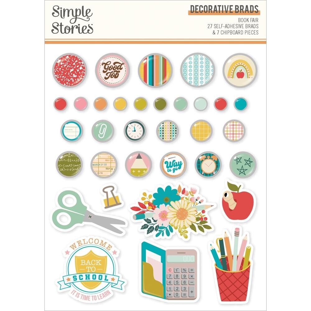 Decorative Brads SS Book Fair Back to School Apple Worm Calculator Pencils Clock