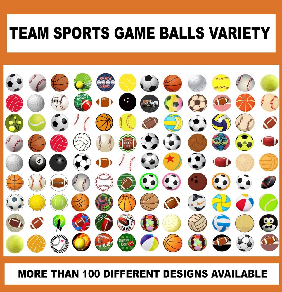 100 Precut TEAM SPORTS GAME BALLS VARIETY BOTTLE CAP CHARM TRAY IMAGES 1 inch