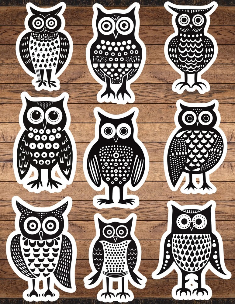Black and White Owl Die Cut Vinyl Stickers Set Scrapbooking Laptop Waterbottle