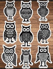 Black and White Owl Die Cut Vinyl Stickers Set Scrapbooking Laptop Waterbottle