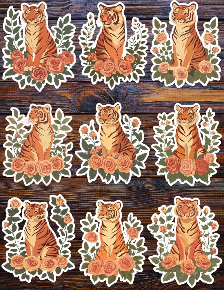 Tiger With Roses Die Cut Vinyl Stickers Set Scrapbooking Laptop Waterbottle
