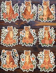 Tiger With Roses Die Cut Vinyl Stickers Set Scrapbooking Laptop Waterbottle