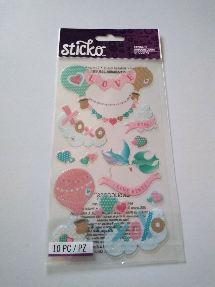 Scrapbooking Stickers Sticko Love Amour Hot Air Balloons Doves Clouds XOXO Pink