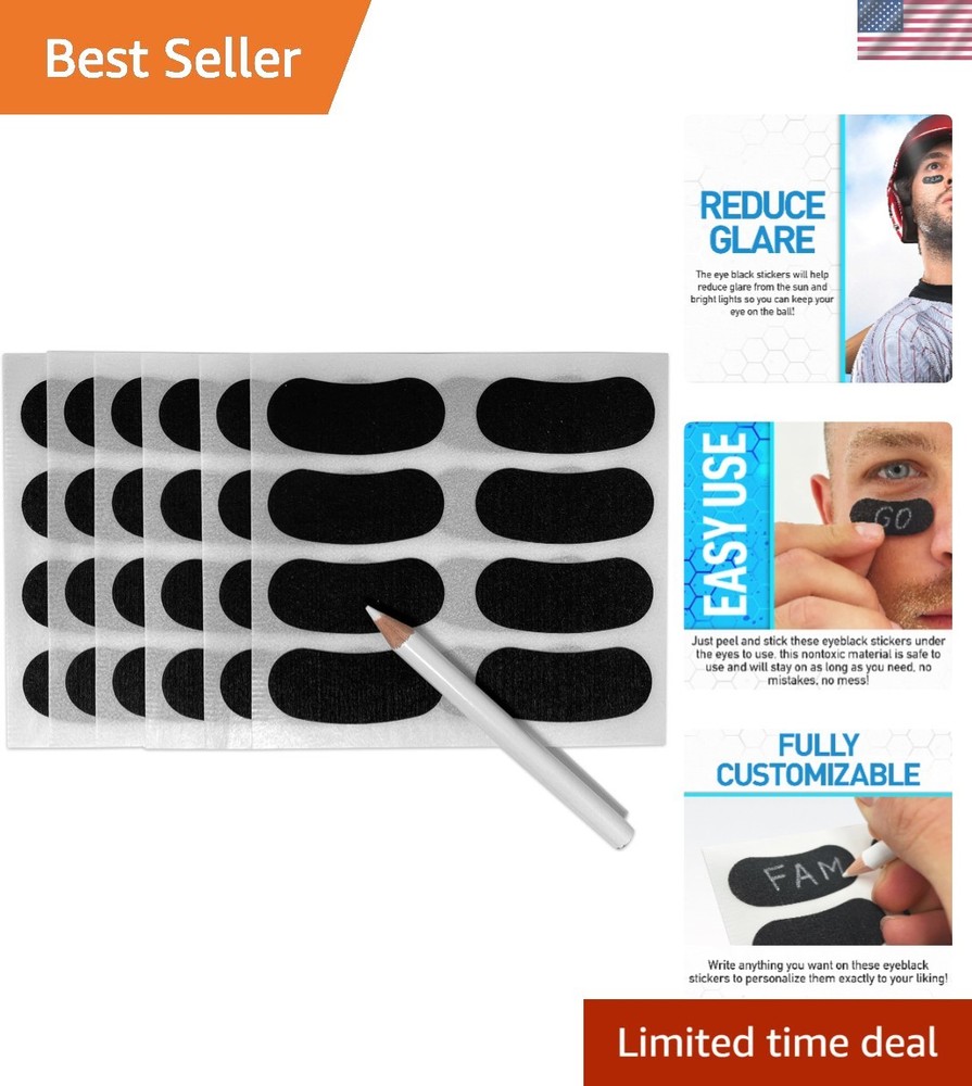 Non-Toxic Eye Black Stickers for Kids and Adults – 24 Pairs with White Pencil