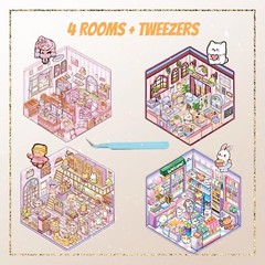 4 (3D) 5.5 x 4.9 Isometric Scene Rooms. Store, Library, Diner, and Bakery.