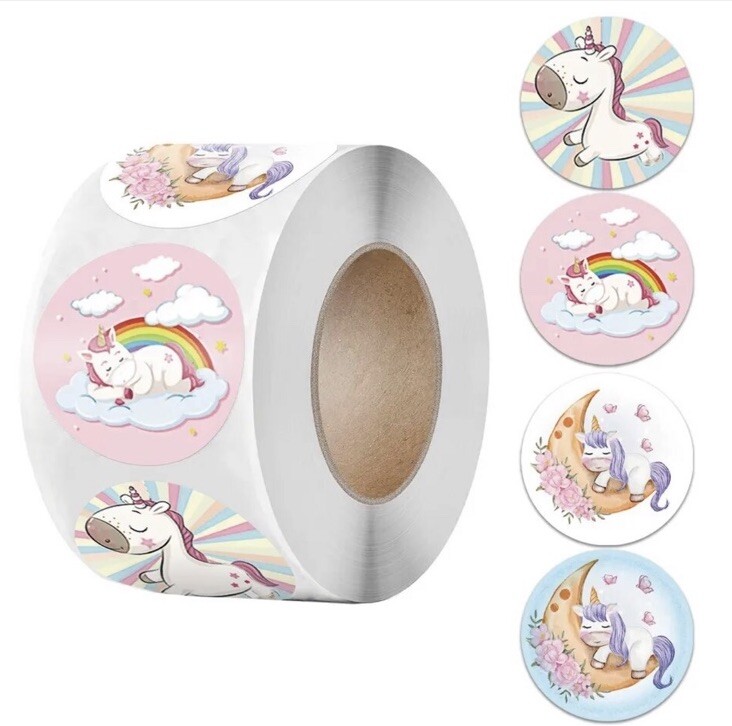 Cartoon Unicorn Stickers 1 Roll / 500 pcs 1” 1 Inch/ 2.5 cm Brand New