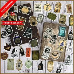 JUNEBRUSHS 324 Pcs Potion Labels Scrapbook Stickers Vintage Gothic Black