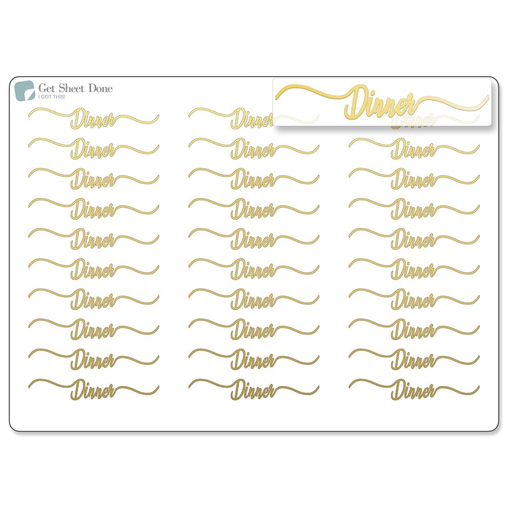 Dinner Script Planner Stickers / 30 Gold Foiled Text Headers (1.5”) GOLD