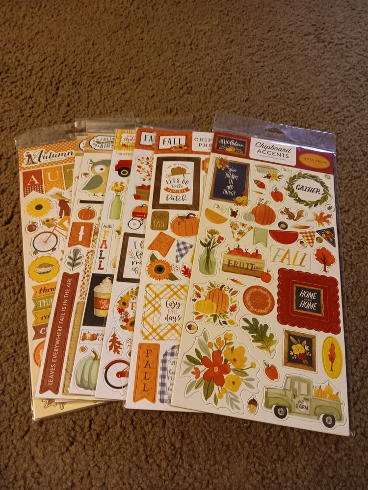 Crafts 13″ Chipboard Stickers Lot 7 Fall Theme Autumn Give Thanks Leaves Harvest