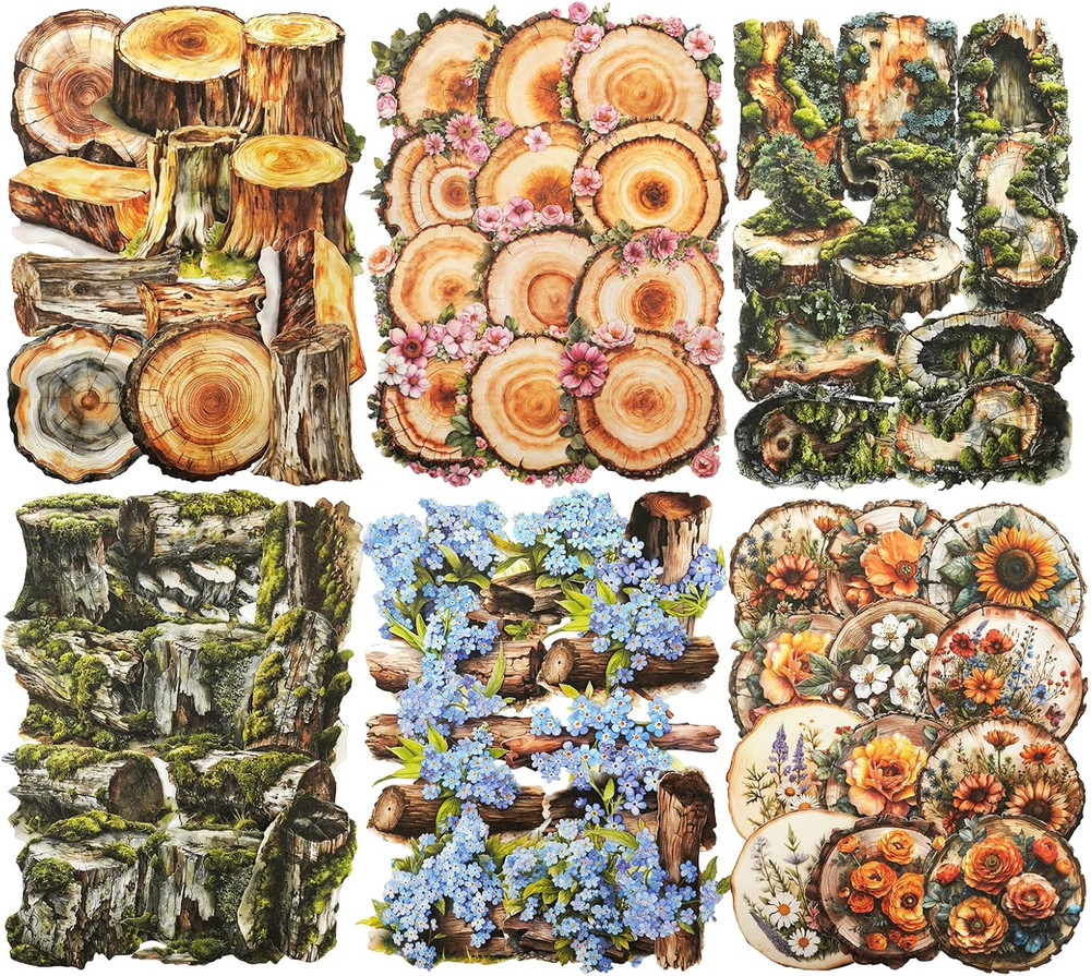 Nature Wood Slice Sticker Set, 120PCS Vintage Designs with Flowers, Moss, Logs a