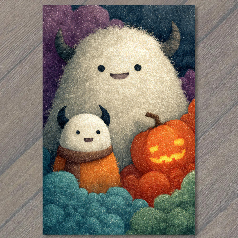 STICKER Fuzzy Horned Creatures With Jack O Lantern Halloween Night