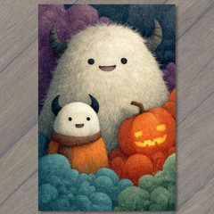 STICKER Fuzzy Horned Creatures With Jack O Lantern Halloween Night