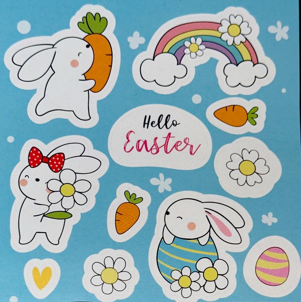 HAPPY EASTER✨22✨STICKERS✨🐰🌈🌼🥕🐣💐🎈✨7” X 4 1/2”✨&✨4 1/2” X 4 1/2”✨CUTE✨🩵💫