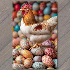 STICKER Rooster Chicken Standing Easter Eggs Colorful Festive Spring Farmyard