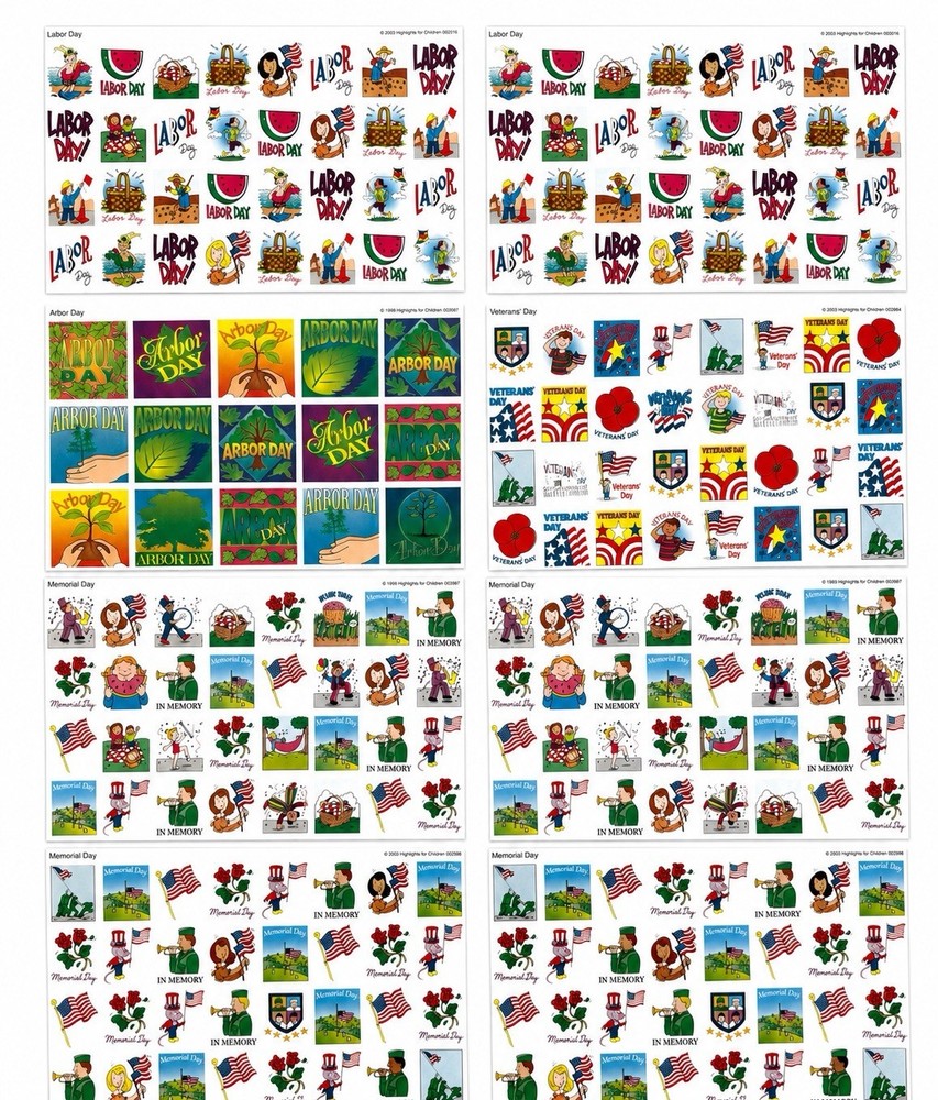 Lot of 7 Vintage Highlights Holiday Sticker Sheets Memorial Labor Arbor Day NOS