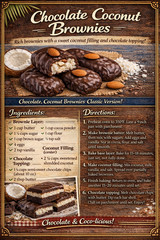 Chocolate Coconut Brownies Recipe Cards Set of 4 Printed Baking Cards