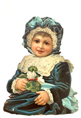 Large Lovely Die Cut of Girl In Blue Hat & Dress Holding Flower *
