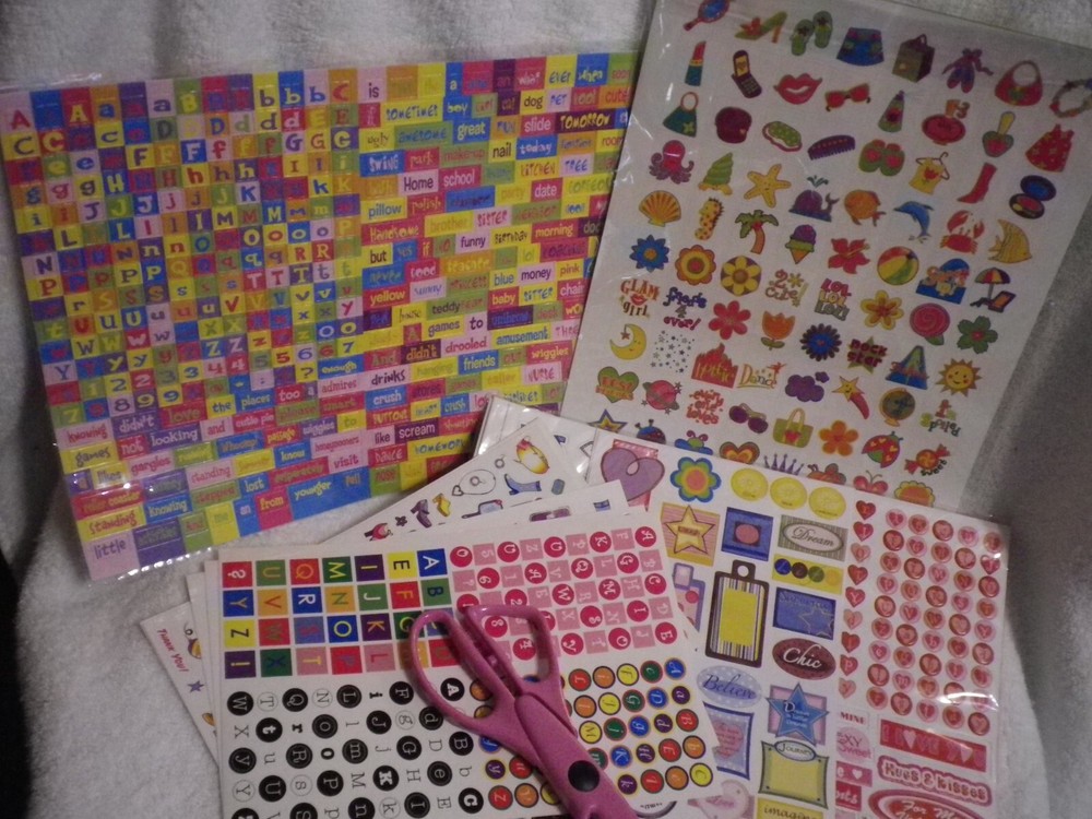 Lot of 26 Sheets Miscellaneous scrapbook Stickers embellishments scissors READ