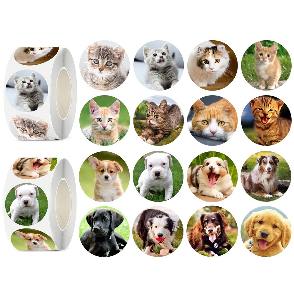 UVUXO 600 Pcs Cat and Dog Stickers for Kids- 1.5 Inch Round Sticker Roll 16