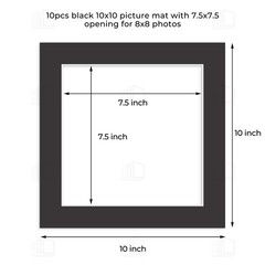 10 Pack 10×10 Black Photo Mat for 8×8 Pictures 7.5×7.5″ Opening Acid-Free