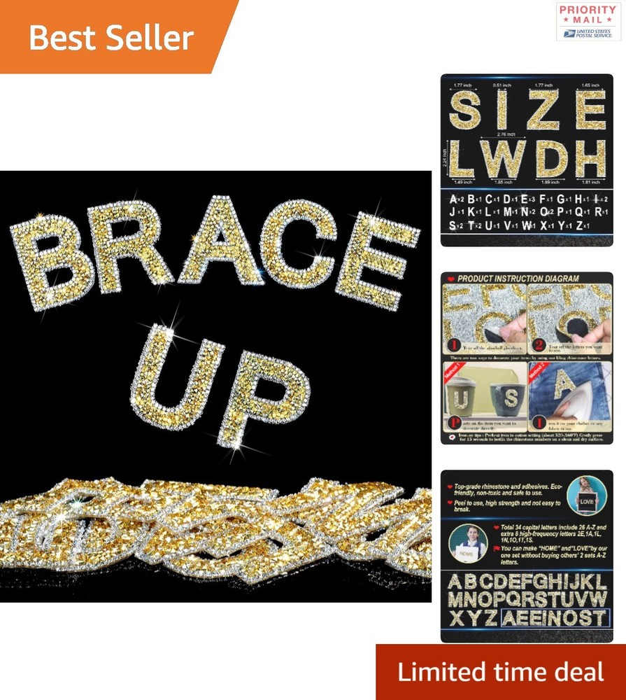 68Pcs Rhinestone Letter Stickers Glitter Alphabet A-Z Self-Adhesive Gold White