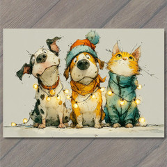 STICKER Two Dogs Cat Christmas Lights Festive Hats Winter Holiday Cute Pets