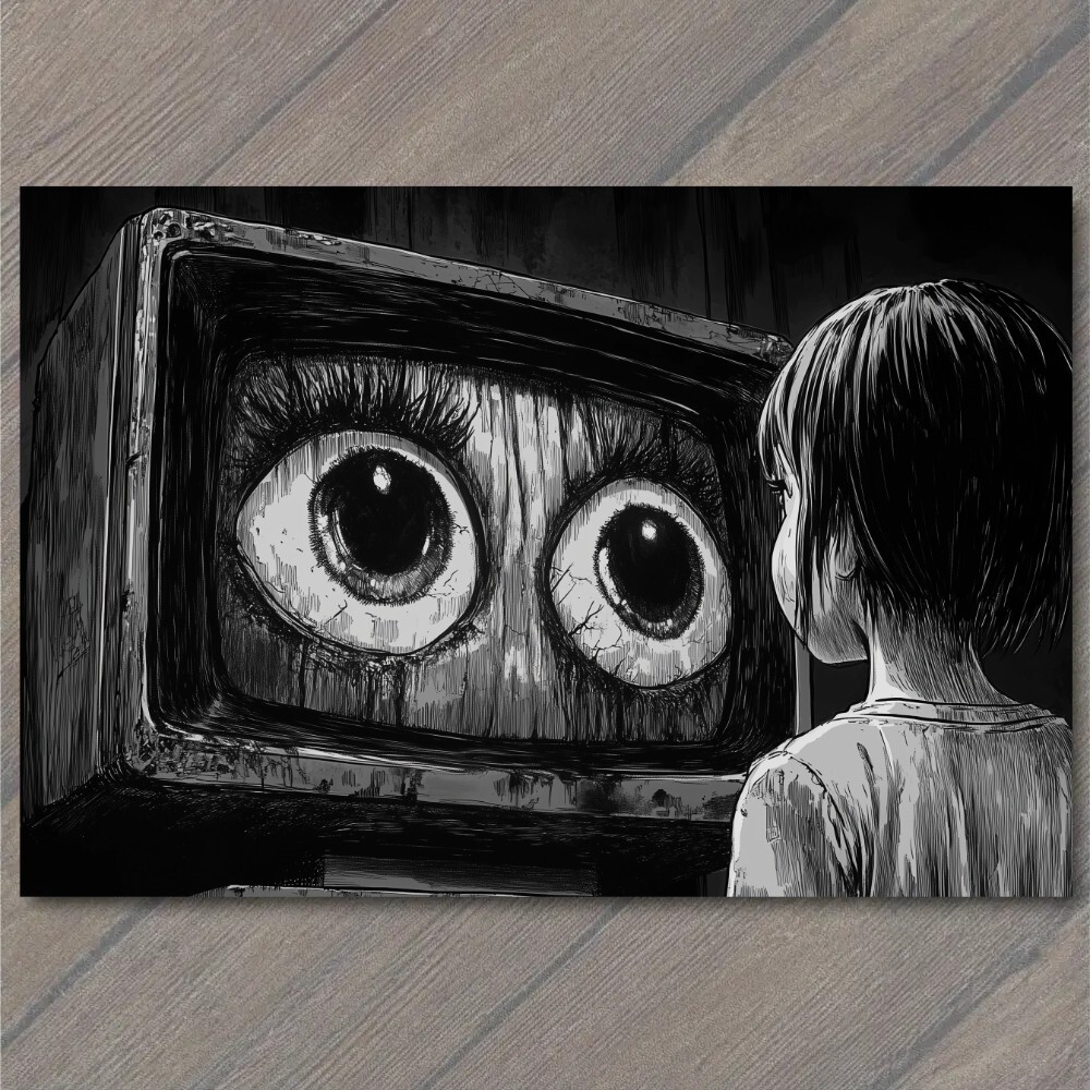 STICKER Girl Staring TV Set Haunted Eyes Look Child Black Horror Creepy Weird