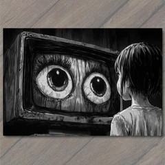 STICKER Girl Staring TV Set Haunted Eyes Look Child Black Horror Creepy Weird