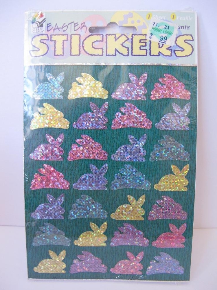 Vtg Glitter Easter Bunny Stickers 1 Sheet Paper Magic Blue Pink Yellow Purple