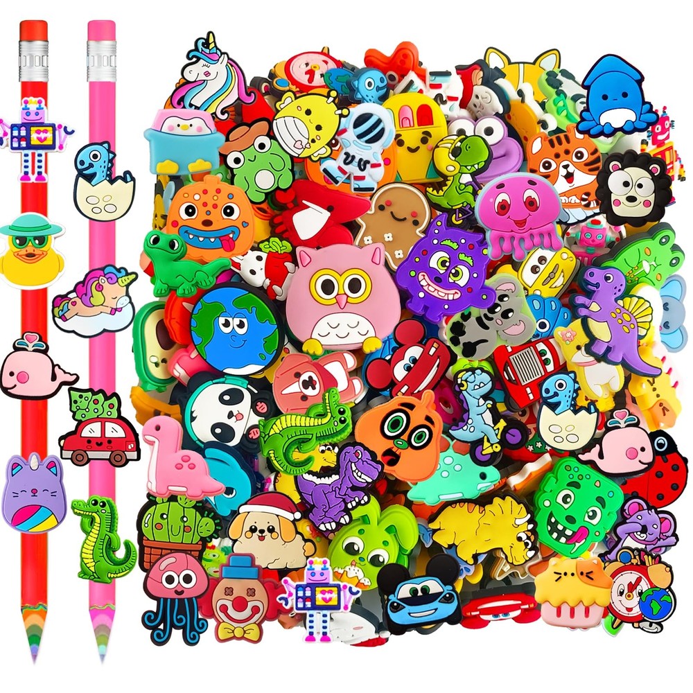 100 Pcs Pencil Topper Decoration,Mixed Style Pen Straw Clips Toppers Charms f…