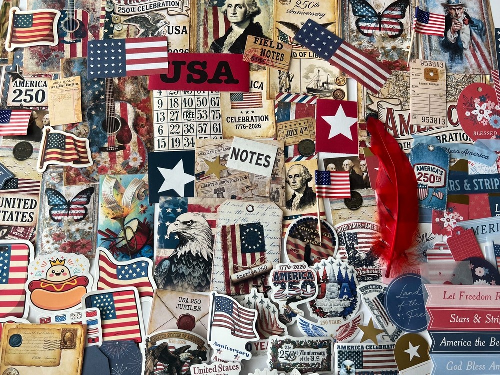 25pcs AMERICA 250 USA JUNK JOURNAL RANDOM SCRAPBOOK CARD KIT – MIXED MEDIA