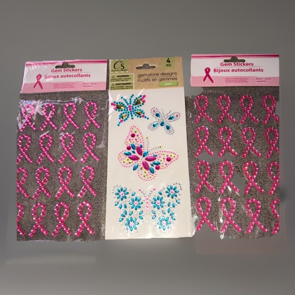 Breast Cancer Awareness Ribbon & Butterflies Stickers Bling Gemstone Design LOT