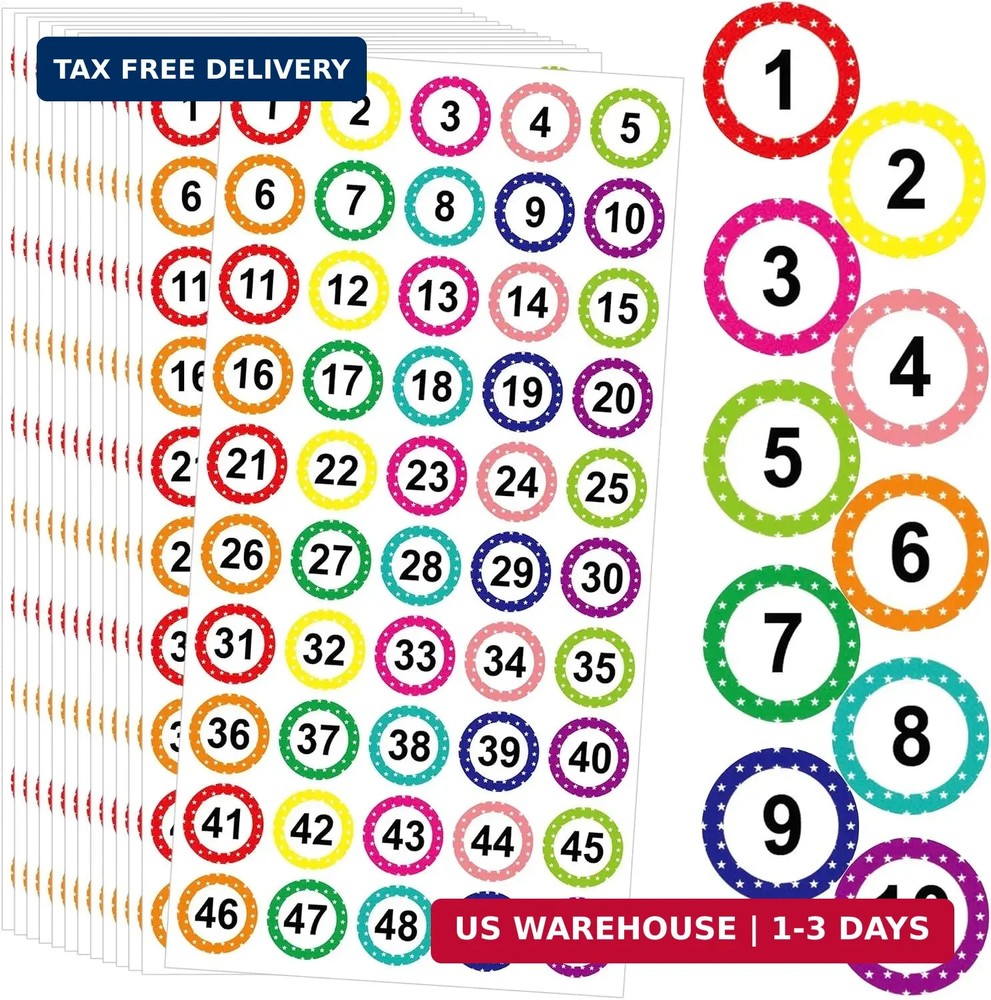 500 PCS Number Stickers 1-50 – 10 Colors 1 Inch Round Dot Number Stickers for Cl