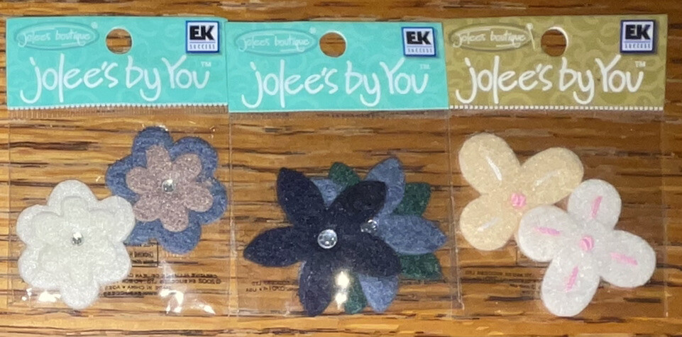Lot #5 – 3 Jolees Mini Ivory White Blue Pink Brown Flowers Scrapbook Felt Gems