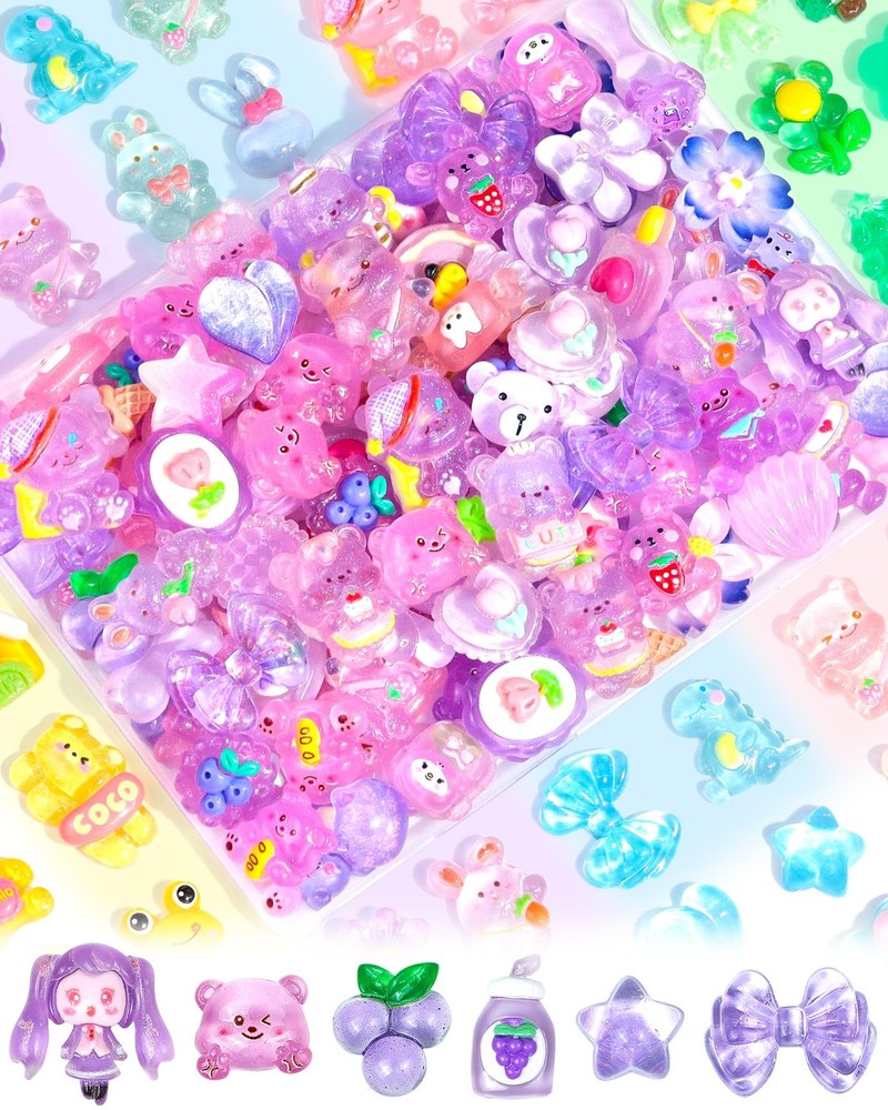 100PCS FIVEIZERO Cute Slime Charms Bulk Set – Kawaii 0.6–1.2 inches, Purple