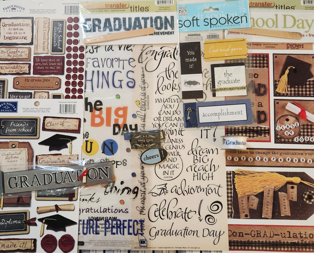 NEW Scrapbook SCHOOL GRADUATION Embellishments Stickers Rub-On Titles Ribbon