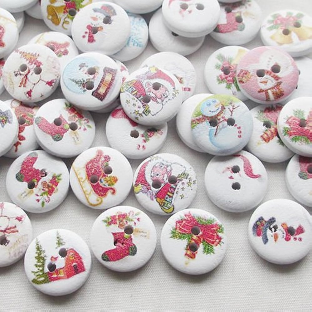 Chenkou Craft 100pcs 5/8″ Santa Christmas Wood Buttons Sewing Craft Mix Lots