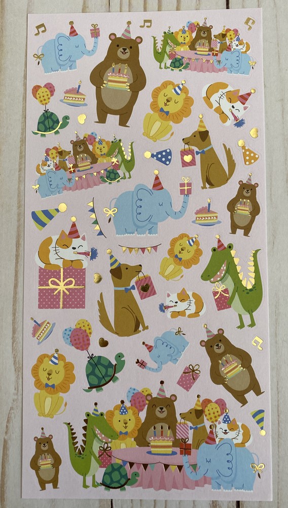Stickers Happy Birthday Animals Party Cake Matte Finish Paper Foil Accents New
