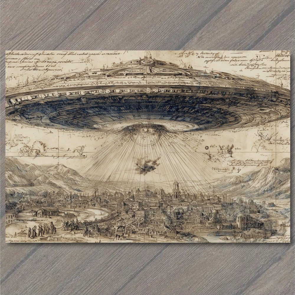 STICKER Alien Saucer Over City Vintage Map UFO Hovering Leonardo Da Vinci Styl