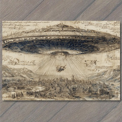STICKER Alien Saucer Over City Vintage Map UFO Hovering Leonardo Da Vinci Styl