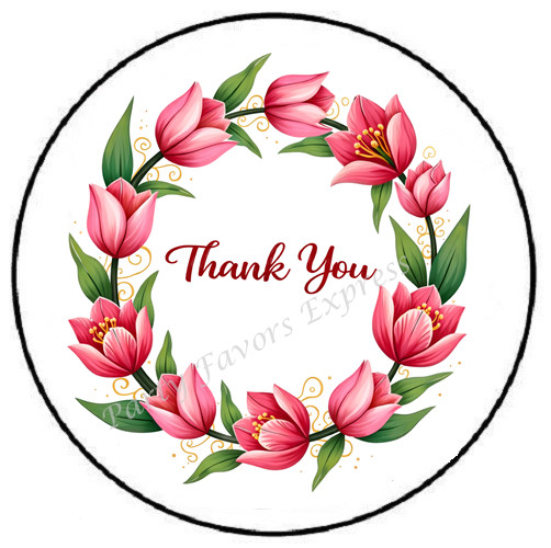 THANK YOU PINK TULIP WREATH ENVELOPE SEALS LABELS STICKERS PARTY FAVORS