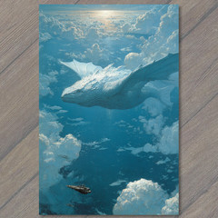 STICKER Surreal Whale Sunset Waves Ocean Village Boats White Clouds Art
