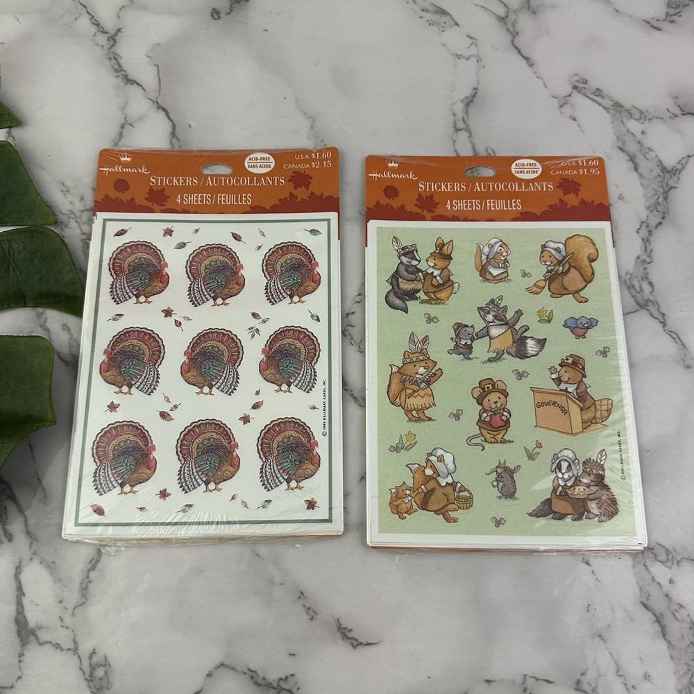 Hallmark Vintage 90s Thanksgiving Stickers New Lot of 2 Turkey Squirrels Raccoon