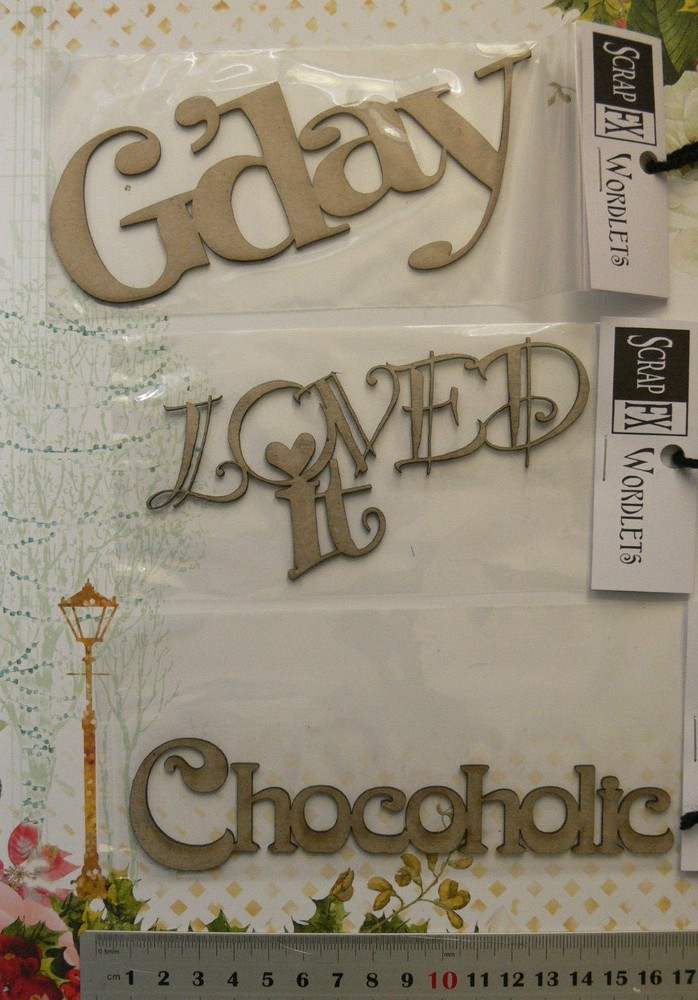 Chipboard Phrase & Words G’DAY, CHOCOHOLIC, LOVED IT – Scrap FX 4 Type Choice W2