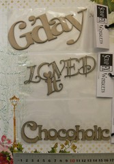 Chipboard Phrase & Words G’DAY, CHOCOHOLIC, LOVED IT – Scrap FX 4 Type Choice W2