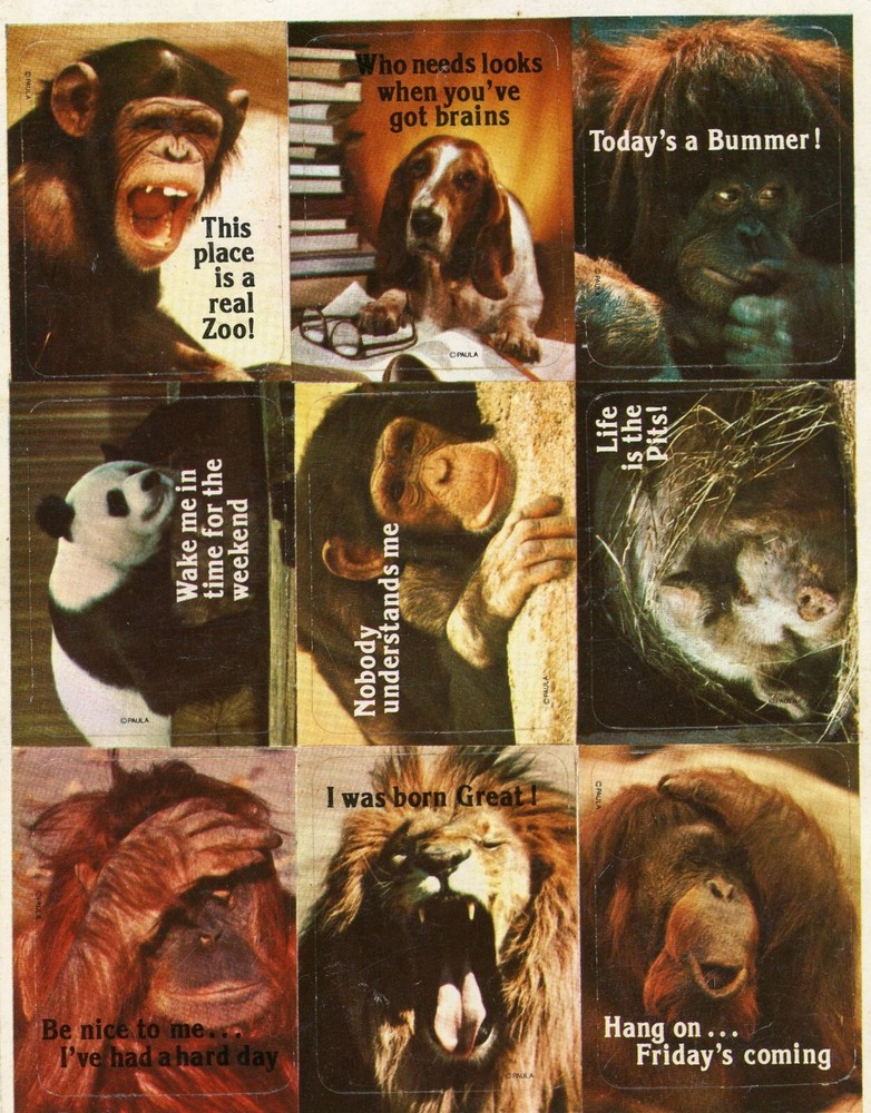 VTG 1980s Sticker Sheet Gibson Animals Monkey Lion Dog Panda Pig Memes Funny